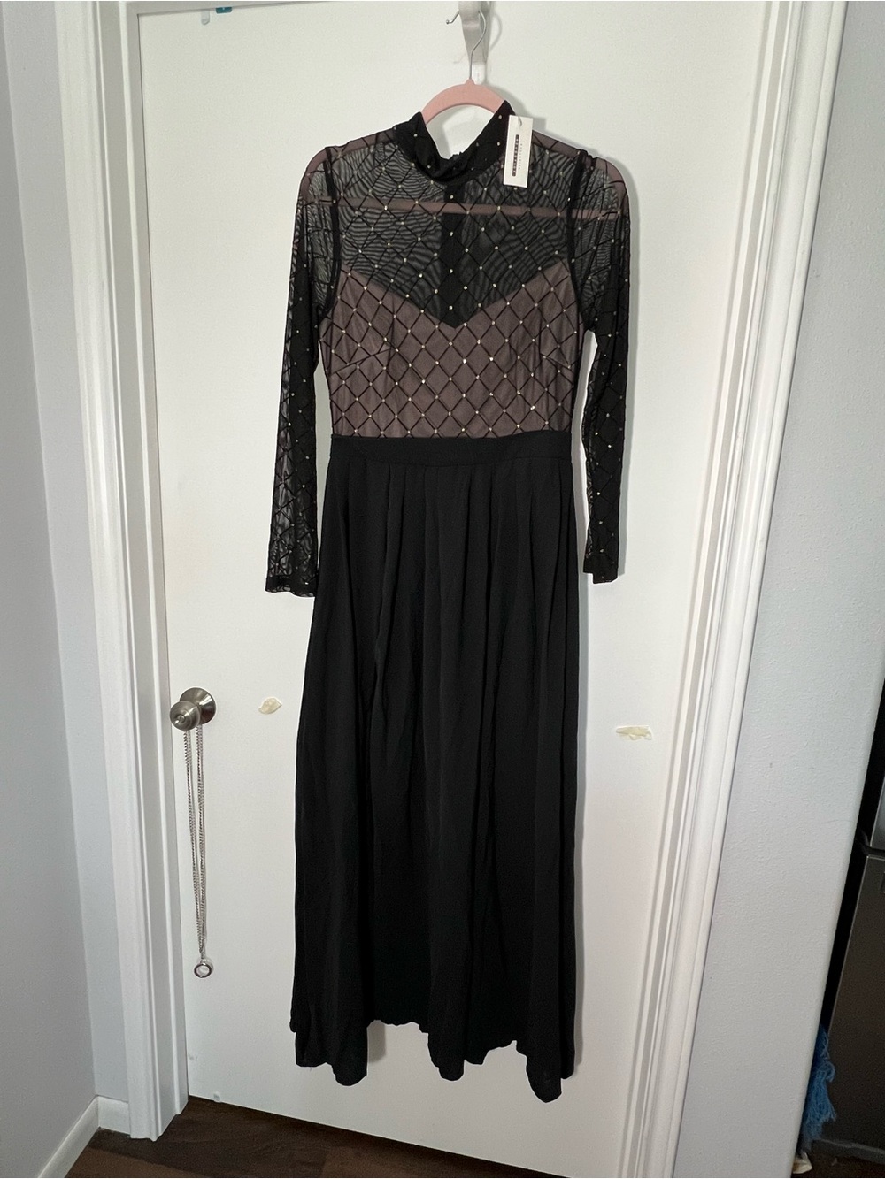 Black Long Sleeve Mesh Maxi Dress with Embellished Bodice